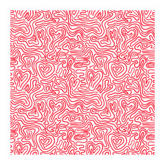 Seamless pattern of red lines of scrawl and waves with hearts.