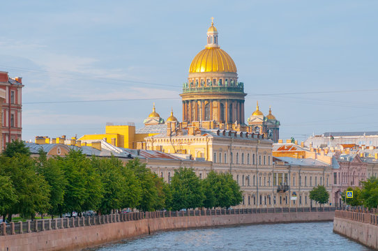 View of St. Isaac's Cathedral and Moyka river in Saint Petersburg, Russia