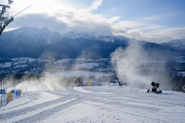In the ski resort of Zacopane, a snow cannon takes advantage of the morning cold to water the slopes with fresh snow.