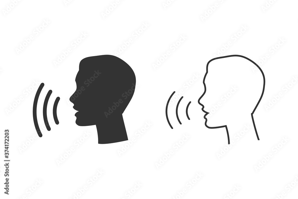 Poster voice control line icon set. speak talk recognition linear icon, speaking and talking command