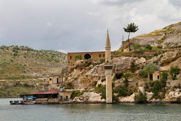  Ruins of the town Halfeti after it remained under the reservoir of a dam built on the River...