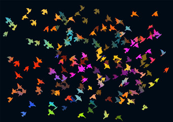 Bird watercolor. A flock of colorful birds. Mixed media. Vector illustration