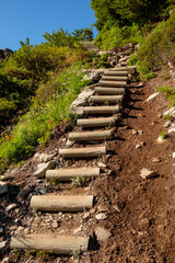 A set of wooden stairs climbing up on a mountain hiking trail