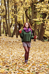 jeune et jolie femme rousse dans un parc arboré en automne avec des feuilles mortes