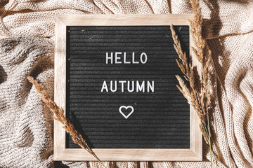 Autumnal Background. Black letter board with text phrase Hello Autumn and dried grass lying on white knitted sweater. Top view, flat lay. Thanksgiving banner. Hygge mood cold weather concept