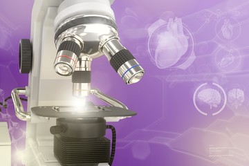 Medical analysis concept, lab electronic scientific microscope on colorful overlay background - medical 3D illustration
