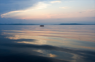 Sunset panorama lake. Panoramic sky