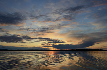 Sunset panorama lake. Panoramic sky