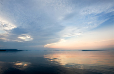 Sunset panorama lake. Panoramic sky