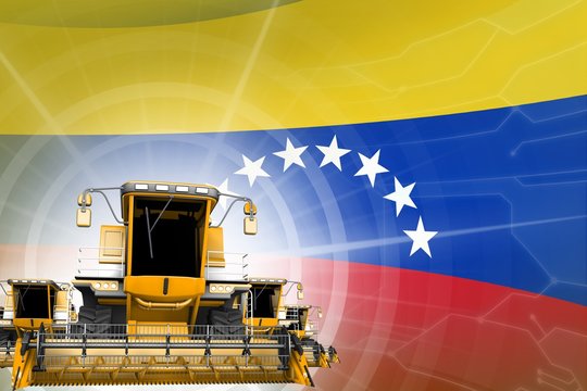 Digital industrial 3D illustration of yellow modern wheat combine harvesters on Venezuela flag, farming equipment modernisation concept
