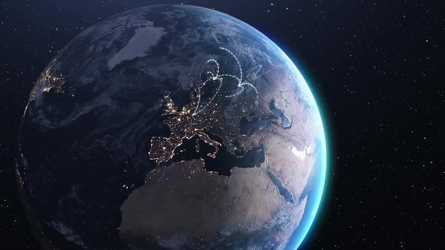 Earth in space digital infrastructure internet connections around the globe. Digitization spreading. From night to day.