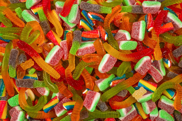 Obraz na płótnie Canvas Assorted gummy candies. Top view. Jelly sweets background.