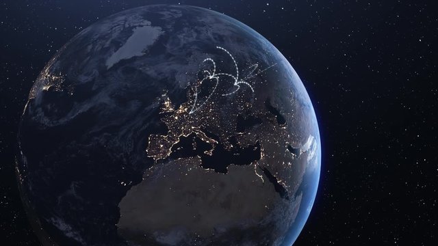 Earth in space digital infrastructure internet connections around the globe. Digitization spreading. Nigh lights.