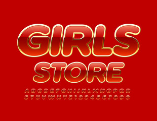 Vector elegant template Girls Store. Red and Gold glossy Font. Luxury shiny Alphabet Letters and Numbers