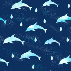 silhouettes of dolphin on adark blue background with drops of rain, seasmless pattern