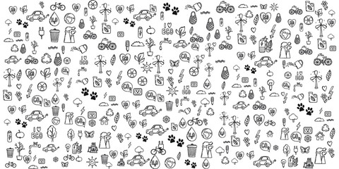 Set of Hand draw Ozone day Doodle backgrounds. Objects from a Environment and Earth.