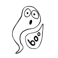 Obraz premium Cute kawaii creepy ghost. Vector outline illustration in doodle style. For Halloween design, postcard, sticker, invitation, party poster, advertisement, coloring page
