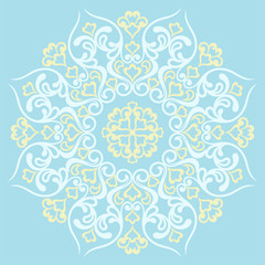 Blue background with beige mandala ornament in the east style. Ideal for printing on fabric or paper for textile, wrapping. Vector illustration.