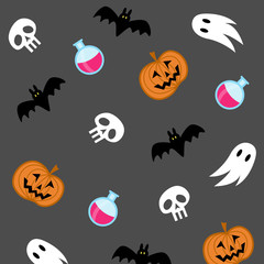 halloween pattern. Pumpkin, bat, ghost, skull, flask elements
