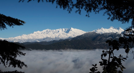 Himalayan peaks as seen from  Chaukori, Uttarakhand, India. Some prominent mountain peaks located here are Maiktoli, Sunderdhunga Khal, Nanda Khat, Nanda Devi and Nanda Kot. © Sayan