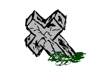 Simple Vector Doodle Hand Draw Sketch, Christian Stone Grave and grass, Isolated on White
