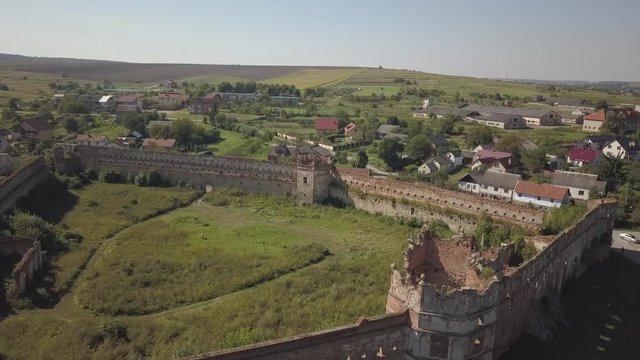Stare Selo, UKraine - 9 8 2020: An ancient renaissance castle was destroyed. Aerial photography from a drone or quadcopter. Renovation of an architectural monument. Life of the nobility in the Old Vil