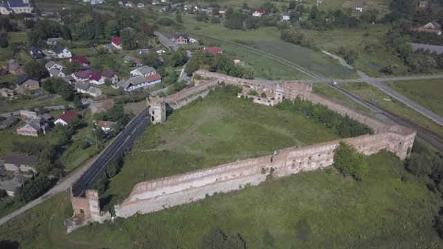 Stare Selo, UKraine - 9 8 2020: An ancient renaissance castle was destroyed. Aerial photography from a drone or quadcopter. Renovation of an architectural monument. Life of the nobility in the Old Vil