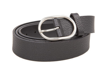 Black leather belt with white background.