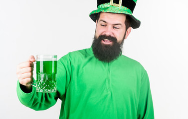 Everyones irish on st patricks day. Irish man with beard drinking green beer. Bearded man toasting...