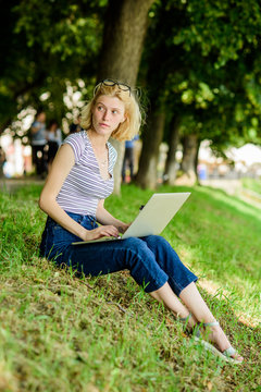 Being outdoors exposes workers to fresher air and environmental variations making happy and healthy on physical and emotional level. Why employees need to work outdoors. Girl laptop outdoors