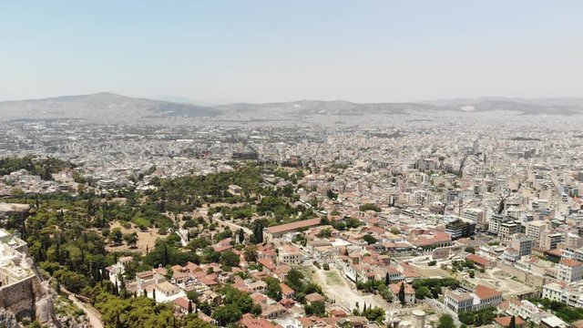 Aerial view of Ancient Agora of Athens and Plaka, Athens historic center, Greece.