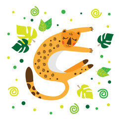 A leopard in a cartoon style lies in a clearing. Leopard on a white background with leaves. African animals.