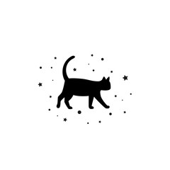 Black cat silhouette with stars and tinsels. Icon isolated on white.