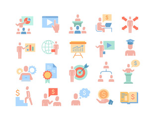 Large set of business training icons showing analytics, charts, goals, dollars and ambition isolated on white, colored vector illustration
