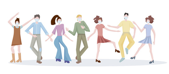 young people in medical masks. Despite the danger of getting infected with the virus, people live ordinary lives, they have fun and dance. But they always think about their protection. New reality in 