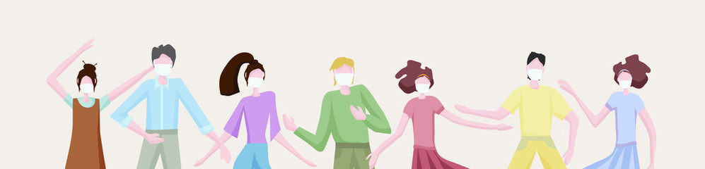 young people in medical masks. Despite the danger of getting infected with the virus, people live ordinary lives, they have fun and dance. But they always think about their protection. New reality in 