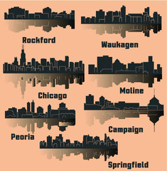 Fototapeta premium Set of 7 City in Illinois (Chicago, Peoria, Campaign, Waukagen, Rockford, Springfield, Moline)