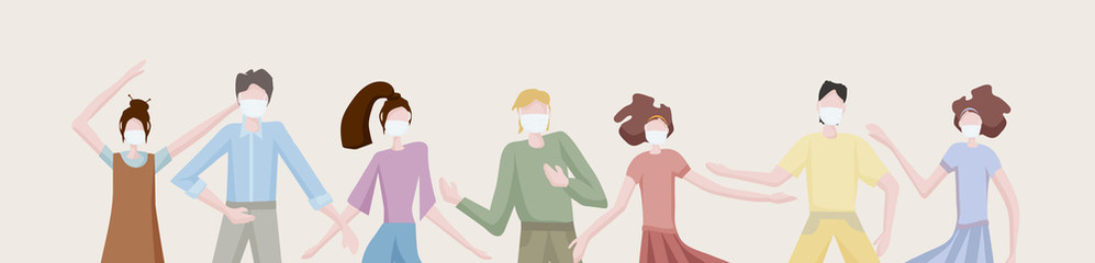 young people in medical masks. Despite the danger of getting infected with the virus, people live ordinary lives, they have fun and dance. But they always think about their protection. New reality in 