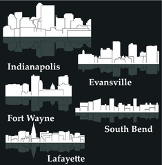Fototapeta premium Set of 5 City silhouette in Indiana (Indianapolis, South Bend, Lafayette, Fort Wayne, Evansville)