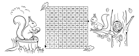 Mathematical maze game with squirrels. Help the squirrel to bring the mushroom to the hollow on oak. Complete the maze from 1 to 100. Coloring page.  © Svetlana Parshakova