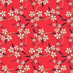 Vector seamless pattern with fantasy flowers, leaves, twigs. Elegant floral background. Simple ditsy texture. Liberty style wallpapers. Red, gold, white, black color. Luxury repeat decorative design