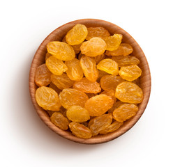 Top view of raisins isolated on white background