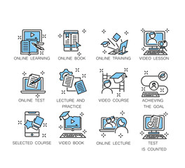 Online education icon set, internet studying course. Contains such icons as online lecture, diploma, communication and more. 