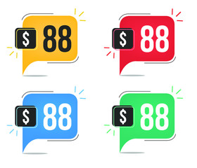 88 dollar price. Yellow, red, blue and green currency tags with speech balloon concept vector.