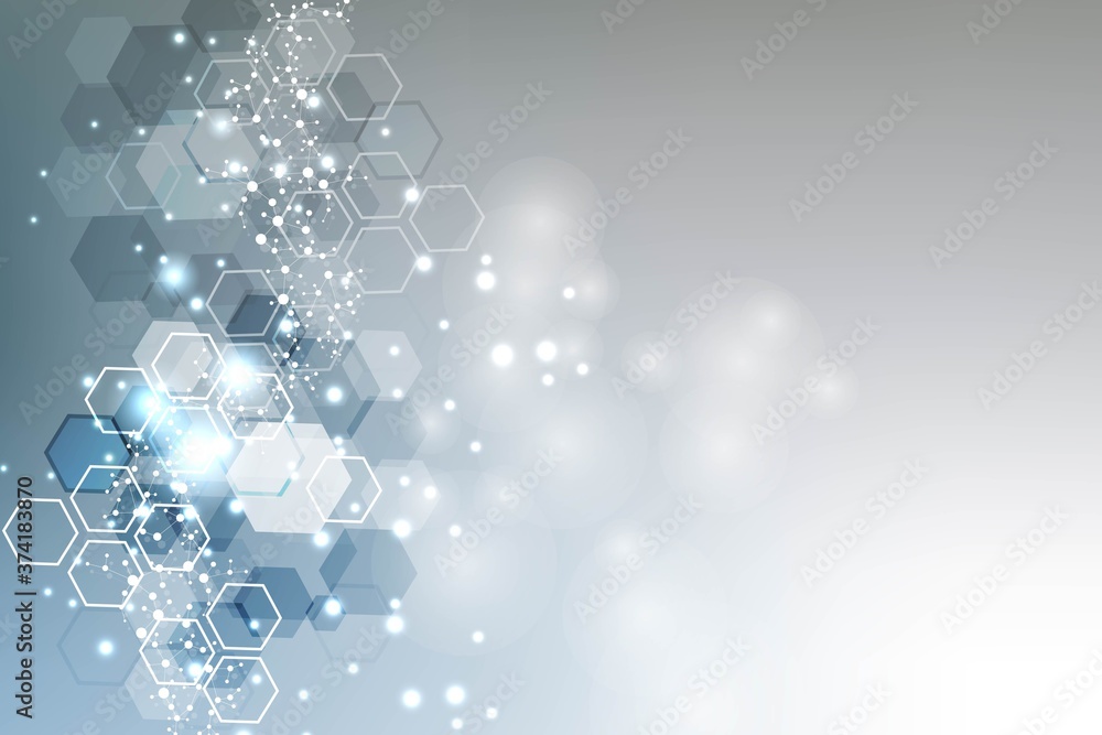 Poster science network pattern, connecting lines and dots. technology hexagons structure or molecular conne