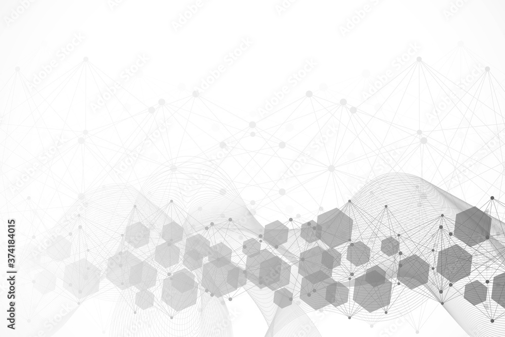 Poster science network pattern, connecting lines and dots. technology hexagons structure or molecular conne