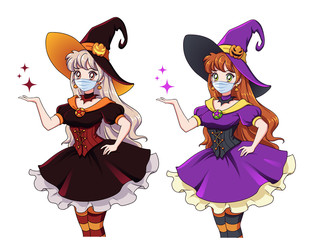 Set of two beautiful young witch wearing covid-19 protection mask.
