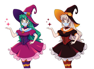 Set of two beautiful young witch wearing covid-19 protection mask.