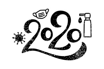 Distressed 2020 hand drawn lettering. Year of the pandemic and covid-19 virus. Number with face mask, virus, sanitizer icon. Coronavirus during quarantine. Silhouette sketch. Vector illustration