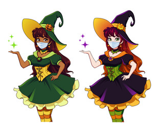 Set of two beautiful young witch wearing covid-19 protection mask.